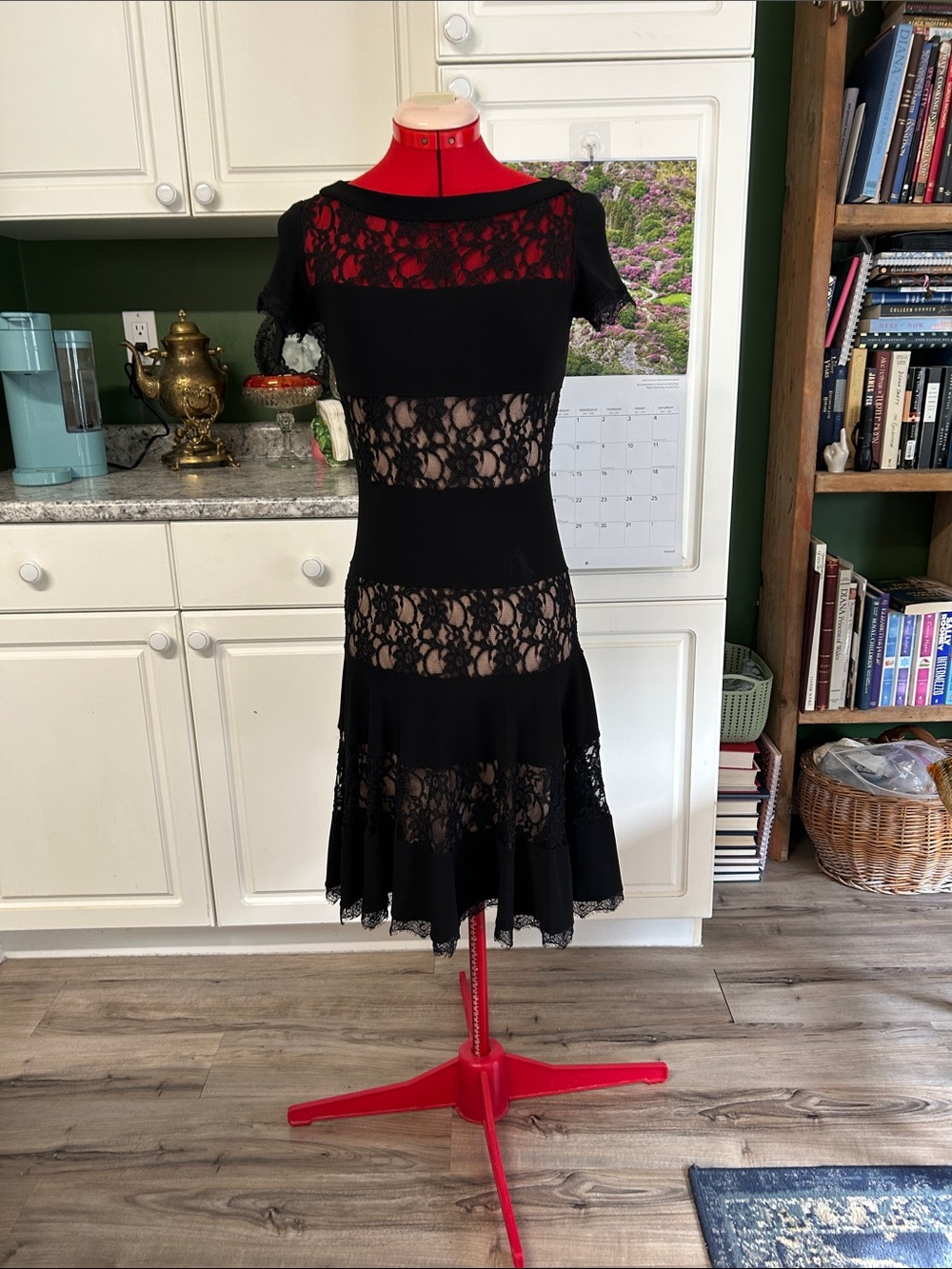 Joseph Ribkoff Black Lace Panel Fit-and-Flare Mini Dress